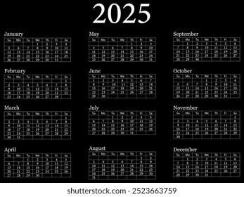 Calendar 2025 simple minimal design. 2025 Calendar Template. Week starts on Sunday. Planner vector illustration on isolated background.
