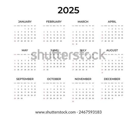 Calendar 2025 simple minimal design. Week starts on Sunday. Planner design template, desk calendar 2025 year, wall calendar 2025, print media, advertisement, printing, stationery, office