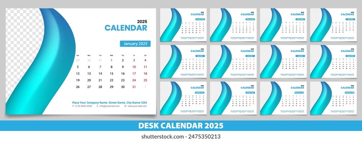 Calendar 2025 with simple and modern design, Week starts Monday, Simple calendar layout or Yearly diary Organizer in English. New Calander design 2025 vector eps.