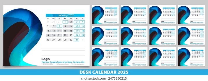 Calendar 2025 with simple and modern design, Week starts Monday, Simple calendar layout or Yearly diary Organizer in English. New Calander design 2025 vector eps.