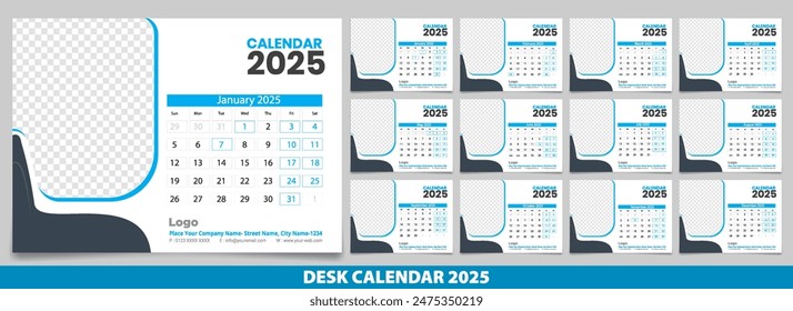 Calendar 2025 with simple and modern design, Week starts Monday, Simple calendar layout or Yearly diary Organizer in English. New Calander design 2025 vector eps.