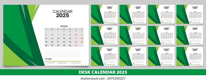 Calendar 2025 with simple and modern design, Week starts Monday, Simple calendar layout or Yearly diary Organizer in English. New Calander design 2025 vector eps.