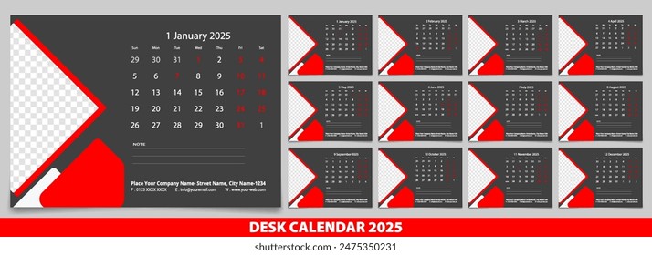 Calendar 2025 with simple and modern design, Week starts Monday, Simple calendar layout or Yearly diary Organizer in English. New Calander design 2025 vector eps.