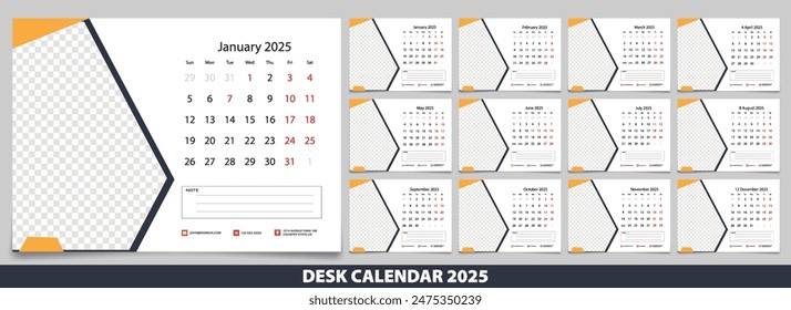 Calendar 2025 with simple and modern design, Week starts Monday, Simple calendar layout or Yearly diary Organizer in English. New Calander design 2025 vector eps.
