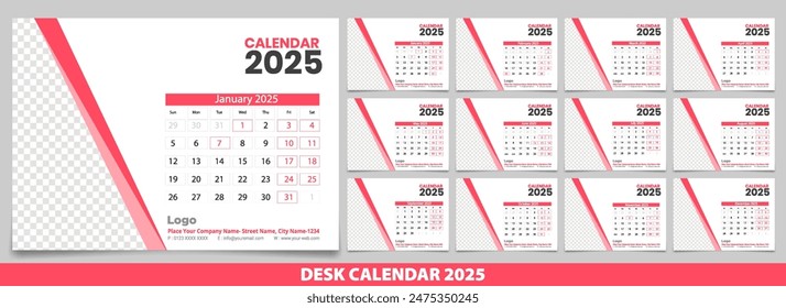 Calendario 2025 con diseño simple y moderno, La semana comienza el lunes, Diseño de calendario simple o Diario Anual Organizador en Inglés. Nuevo Calander diseño 2025 Vector eps.