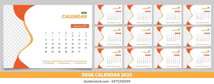 Calendar 2025 with simple and modern design, Week starts Monday, Simple calendar layout or Yearly diary Organizer in English. New Calander design 2025 vector eps.