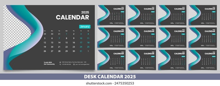 Calendar 2025 with simple and modern design, Week starts Monday, Simple calendar layout or Yearly diary Organizer in English. New Calander design 2025 vector eps.