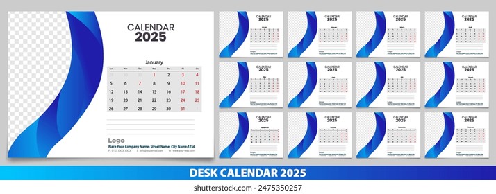 Calendar 2025 with simple and modern design, Week starts Monday, Simple calendar layout or Yearly diary Organizer in English. New Calander design 2025 vector eps.