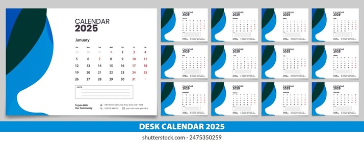 Calendar 2025 with simple and modern design, Week starts Monday, Simple calendar layout or Yearly diary Organizer in English. New Calander design 2025 vector eps.