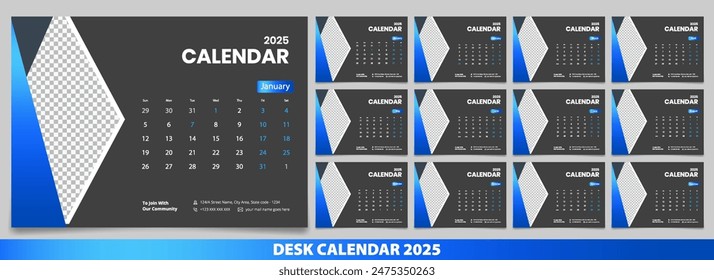 Calendar 2025 with simple and modern design, Week starts Monday, Simple calendar layout or Yearly diary Organizer in English. New Calander design 2025 vector eps.