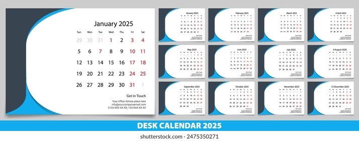 Calendar 2025 with simple and modern design, Week starts Monday, Simple calendar layout or Yearly diary Organizer in English. New Calander design 2025 vector eps.