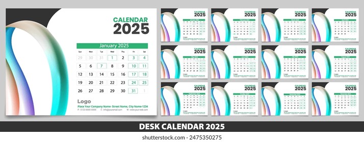 Calendar 2025 with simple and modern design, Week starts Monday, Simple calendar layout or Yearly diary Organizer in English. New Calander design 2025 vector eps.