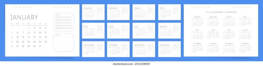 Calendar 2025. Simple Monthly Planner Template with Task and Note Sections.