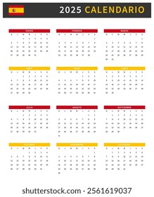 Calendar 2025 Spain Template Design. Spanish Calendario, week starts from Sunday. Vector Illustration