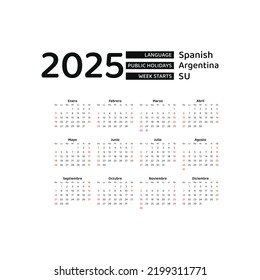 Calendar 2025 Spanish language with Argentina public holidays. Week starts from Sunday. Graphic design vector illustration.