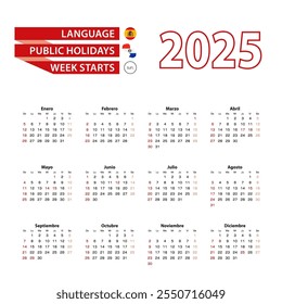 Calendario 2025 en idioma español con días festivos el país de Paraguay en el año 2025. La semana comienza a partir del domingo. Ilustración vectorial.