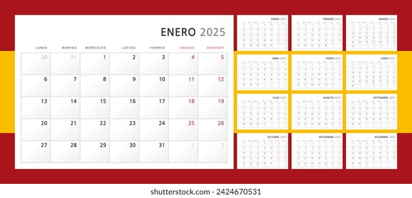 Calendar 2025 in Spanish. Wall quarterly calendar for 2025 in a classic minimalist style. Week starts on Monday. Set of 12 months. Corporate Planner Template. A4 format horizontal. Vector illustration