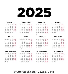 calendar 2025 in spanish. Week starts on Monday. Illustration