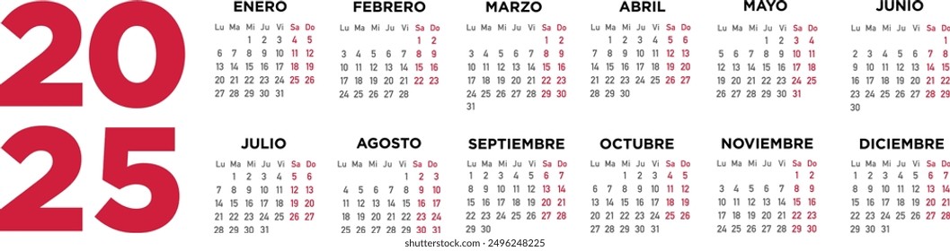 Calendar 2025 in spanish. Week starts on Monday. Illustration minimal.