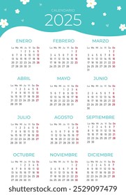 Calendário 2025 em espanhol. A semana começa na segunda. Ilustração mínima. Flores