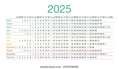 Calendario para 2025 en español. La semana comienza el lunes. Planificador lineal para el año.