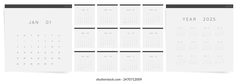 Calendar 2025. Square Calendar Template 2025. Set of ready to print monthly clean A4 designs. Elegant minimal modern 2025 calendar.	