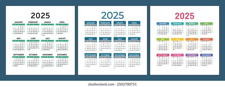 Calendar 2025. Square vector calender design template. English set. Week starts on Sunday. New year. January, February, March, April, May, June, July, August, September, October, November, December