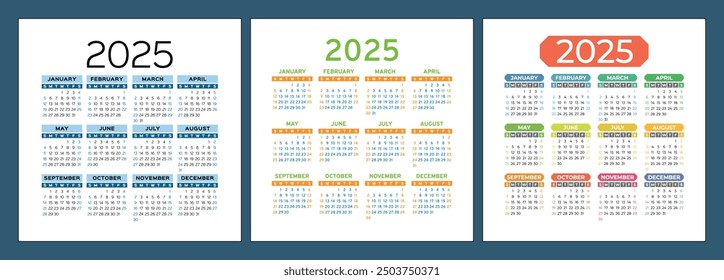 Calendar 2025. Square vector calender design template. English set. Week starts on Sunday. New year. January, February, March, April, May, June, July, August, September, October, November, December