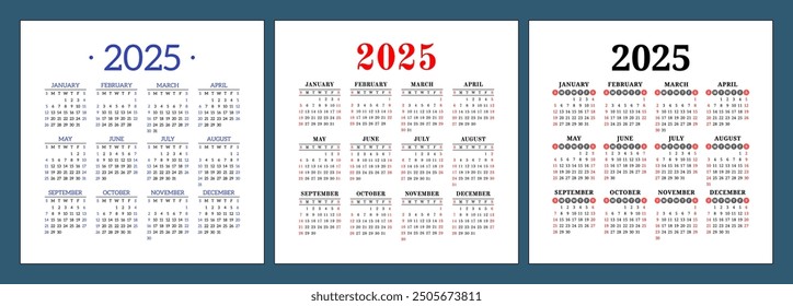 Calendar 2025. Square vector calender design template. English set. Week starts on Sunday. New year. January, February, March, April, May, June, July, August, September, October, November, December