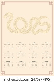 Calendar 2025, start of week Sunday, vector, Asian, Chinese Mockup lettering with 12 months gold snake lettering