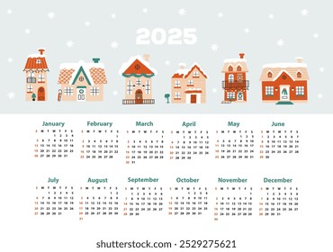 Calendário 2025 a partir de domingo. Ilustrações vetoriais. 