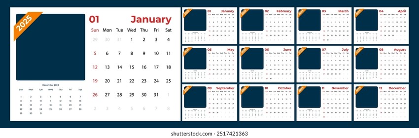 Calendar 2025 starts from Sunday. Minimalist, Clean, Simple and Modern Design. 12 pages Calendar