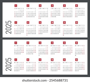 Calendario para 2025 comienza el domingo y el lunes, Vector Calendario Diseño 2025 Año