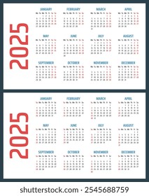 Calendario para 2025 comienza el domingo y el lunes, Vector Calendario Diseño 2025 Año