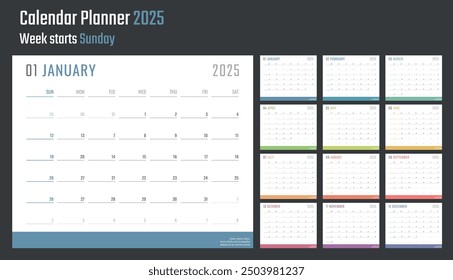 Calendario para 2025 comienza el domingo, Vector Calendario Diseño 2025 Año