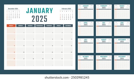 calendar for 2025 starts sunday, vector calendar design 2025 year