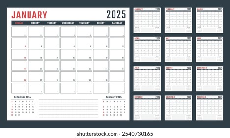 Calendario para 2025 comienza el domingo, Vector Calendario Diseño 2025 Año