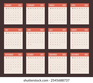 Calendario para 2025 comienza el domingo, Vector Calendario Diseño 2025 Año