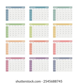 Calendario para 2025 comienza el domingo, Vector Calendario Diseño 2025 Año