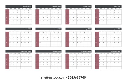 Calendario para 2025 comienza el domingo, Vector Calendario Diseño 2025 Año