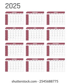 Calendario para 2025 comienza el domingo, Vector Calendario Diseño 2025 Año