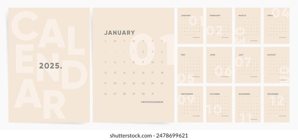 Calendar 2025, Calendar 2025 Sunday Start Modern Design Template.