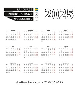Calendar 2025 in Swedish language, week starts on Monday. Vector calendar 2025 year.