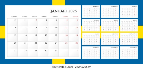 Calendar 2025 in Swedish. Wall quarterly calendar for 2025 in classic minimalist style. Week starts on Monday. Set of 12 months. Corporate Planner Template. A4 format horizontal. Vector illustration