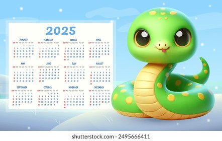 Calendar for 2025 with the symbol of this year - a cute 3D snake, against the backdrop of a winter daytime landscape with sparkles.