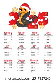 Calendario para 2025 con símbolo del año. Serpiente linda en el fondo blanco. La semana comienza el domingo. Ilustración vectorial en formato de Vertical A4, A5.