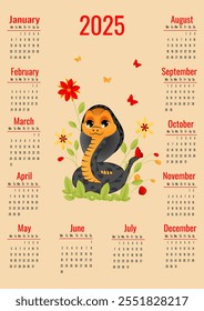 Calendar for 2025 with symbol of the year. Cute snake on orange background. Week starts on Monday. Vector illustration in vertical format A4, A5.