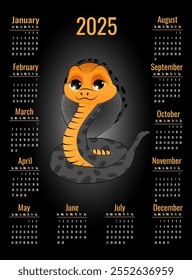 Calendar for 2025 with symbol of the year. Cute snake on black background. Week starts on Sunday. Vector illustration in vertical format A4, A5.