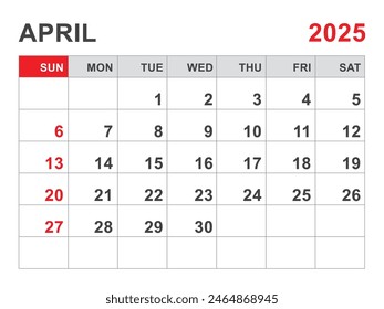 Calendario 2025 Plantilla, Abril 2025 layout, Planificador mensual minimalista imprimible, Calendario de escritorio 2025 Plantilla, Diseño de calendario de pared, Inicio de semana el domingo, Papelería, impresión, color rojo, Vector
