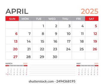 Calendar 2025 template, April 2025 page, Desk calendar 2025 year, planner design, Wall calendar, week starts on sunday, stationery design, Desk office, organizer office, vector eps10